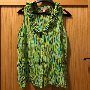 Lilly Pulitzer silk top shirt ruffle fish sea grass navy blue 2